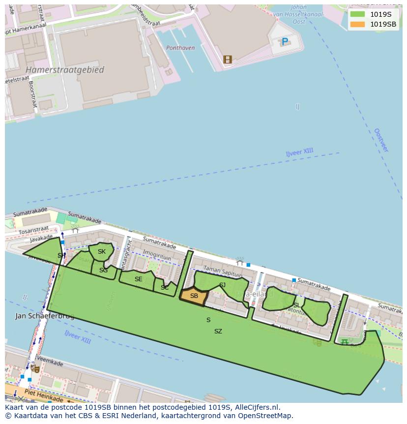 Afbeelding van het postcodegebied 1019 SB op de kaart.