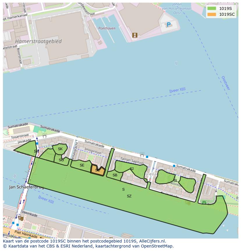 Afbeelding van het postcodegebied 1019 SC op de kaart.
