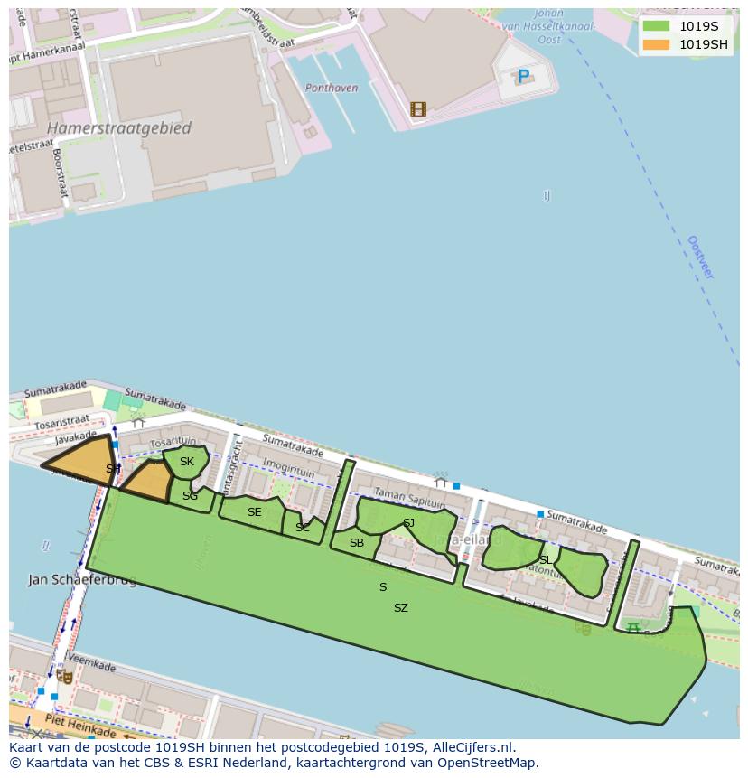 Afbeelding van het postcodegebied 1019 SH op de kaart.