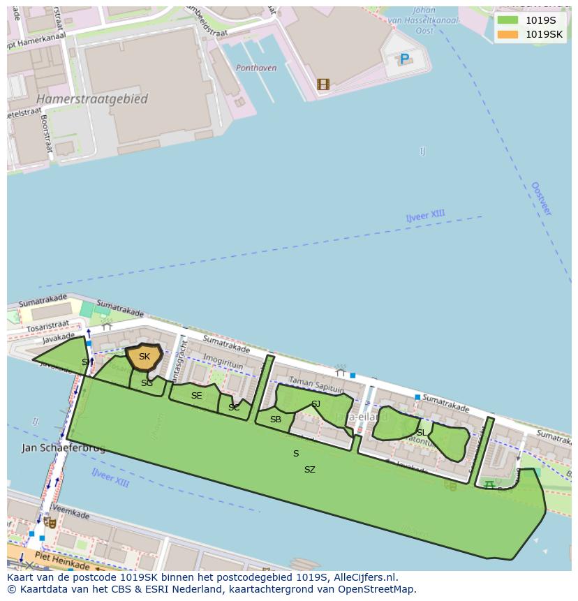 Afbeelding van het postcodegebied 1019 SK op de kaart.