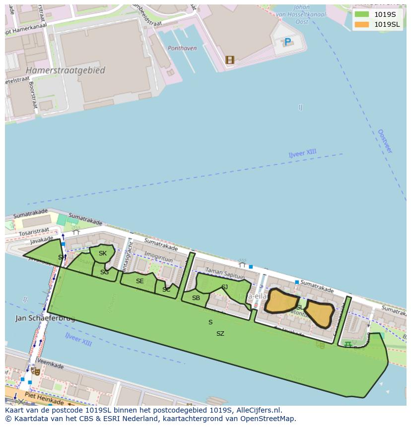 Afbeelding van het postcodegebied 1019 SL op de kaart.