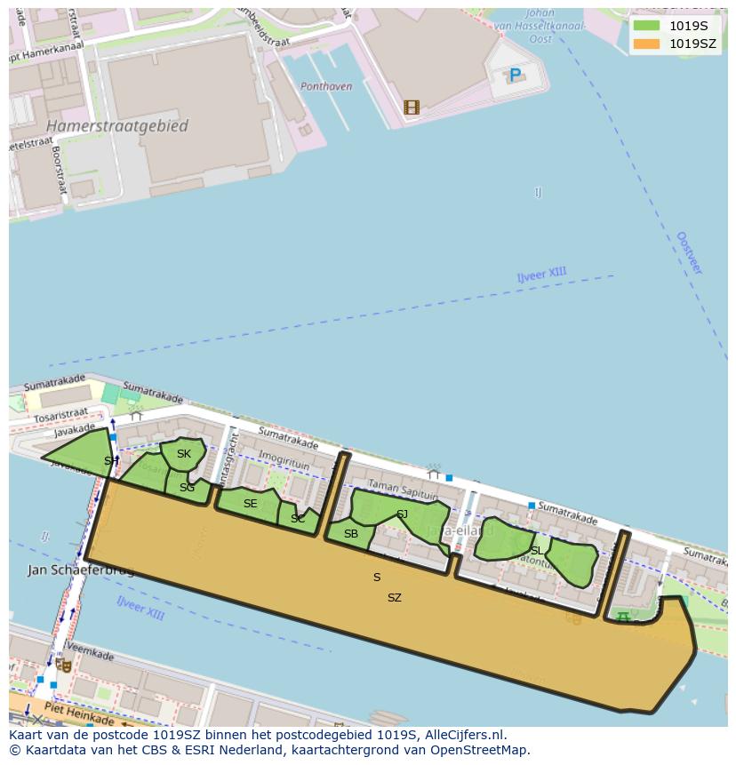 Afbeelding van het postcodegebied 1019 SZ op de kaart.