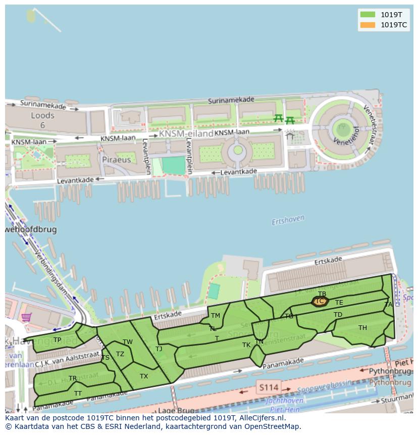 Afbeelding van het postcodegebied 1019 TC op de kaart.