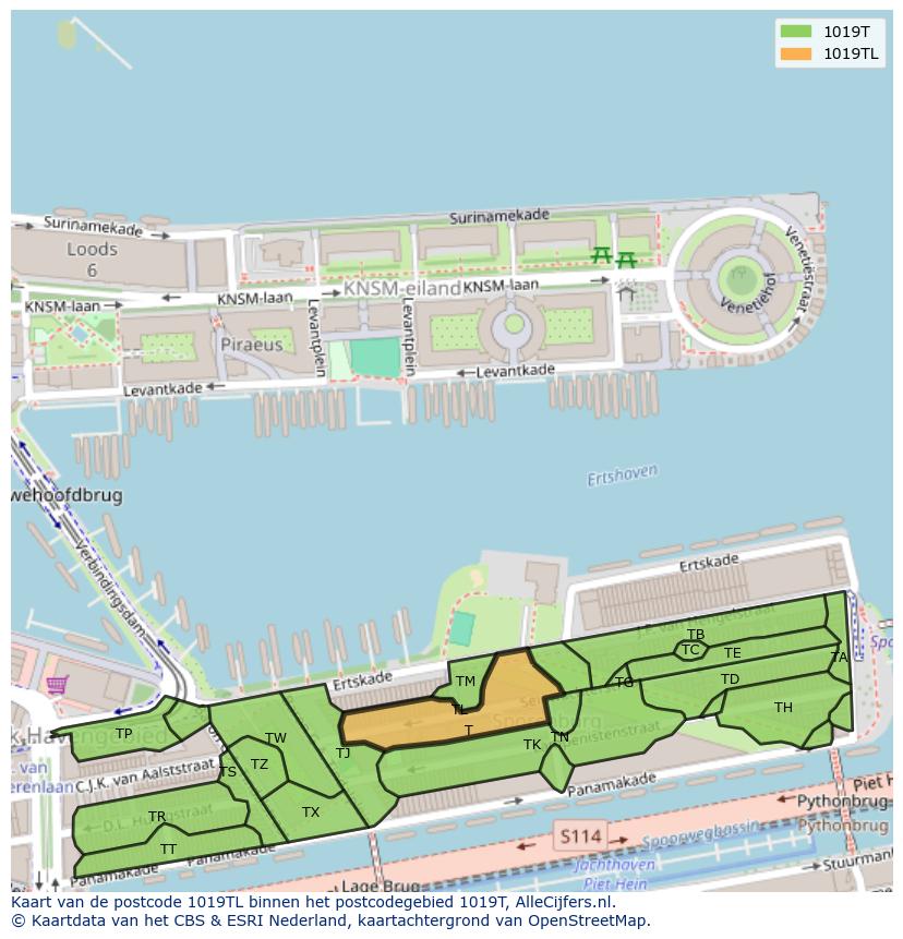 Afbeelding van het postcodegebied 1019 TL op de kaart.