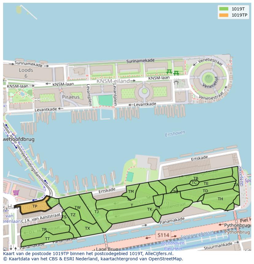 Afbeelding van het postcodegebied 1019 TP op de kaart.