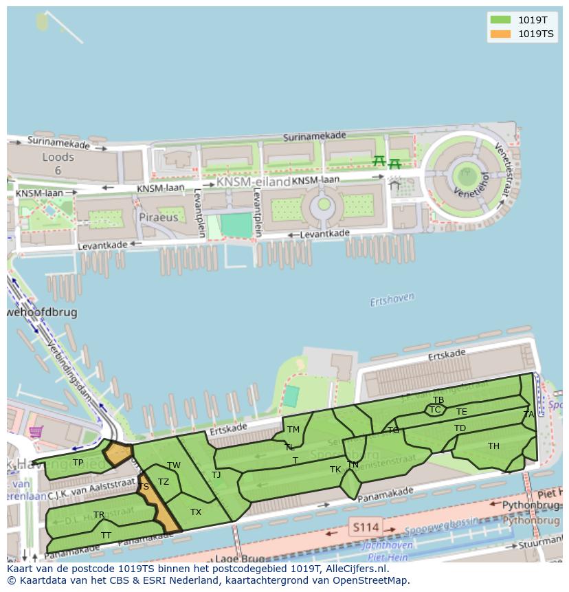 Afbeelding van het postcodegebied 1019 TS op de kaart.