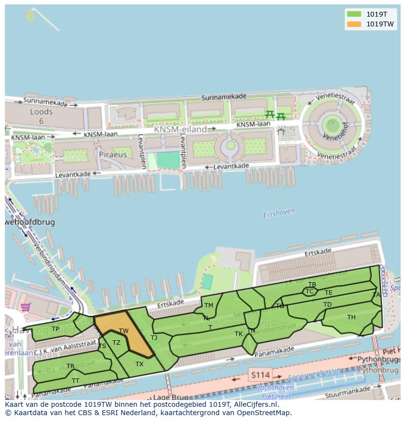 Afbeelding van het postcodegebied 1019 TW op de kaart.