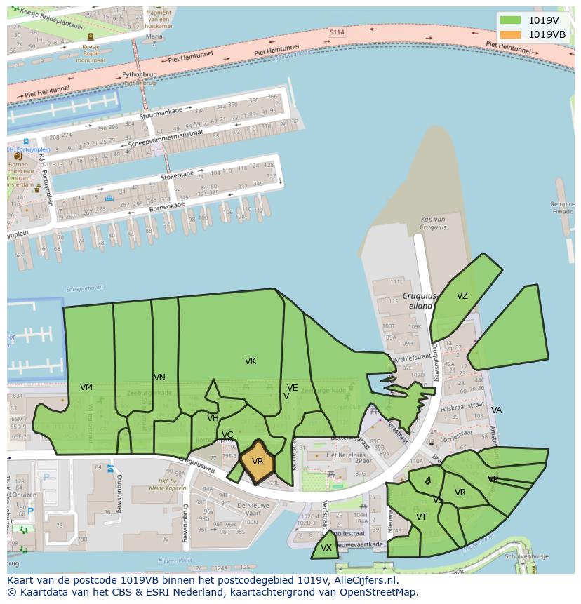 Afbeelding van het postcodegebied 1019 VB op de kaart.