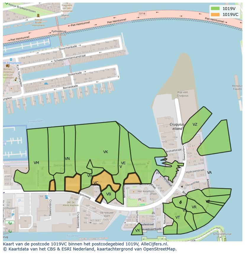 Afbeelding van het postcodegebied 1019 VC op de kaart.