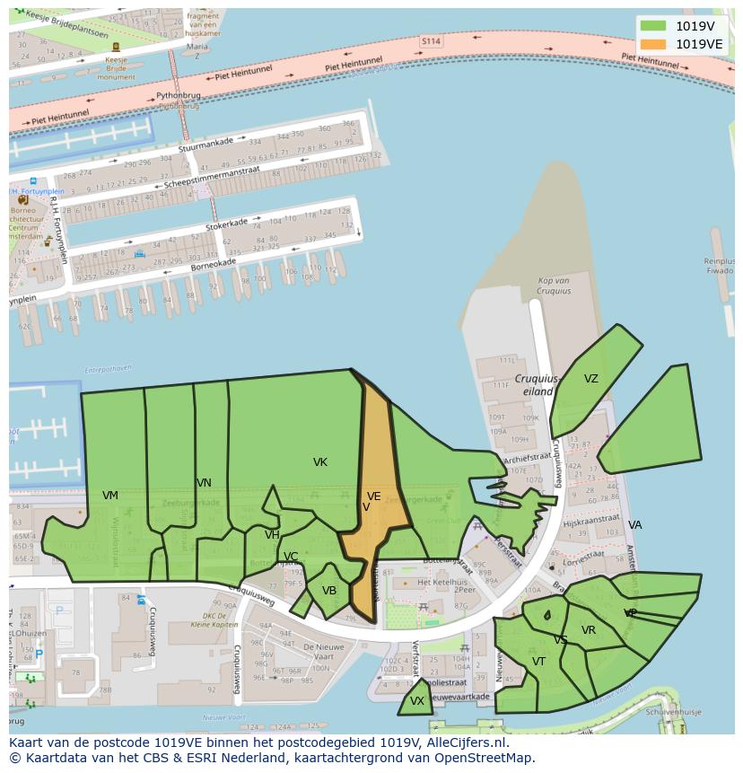 Afbeelding van het postcodegebied 1019 VE op de kaart.
