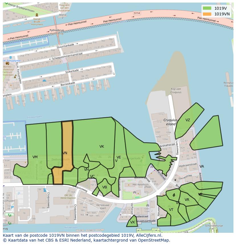 Afbeelding van het postcodegebied 1019 VN op de kaart.