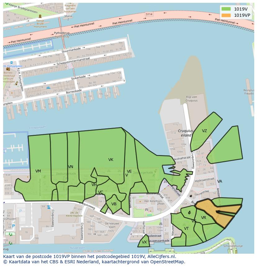 Afbeelding van het postcodegebied 1019 VP op de kaart.