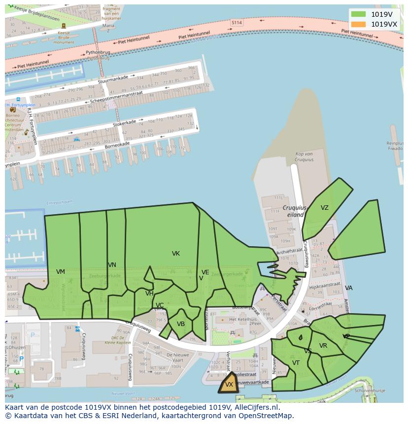 Afbeelding van het postcodegebied 1019 VX op de kaart.
