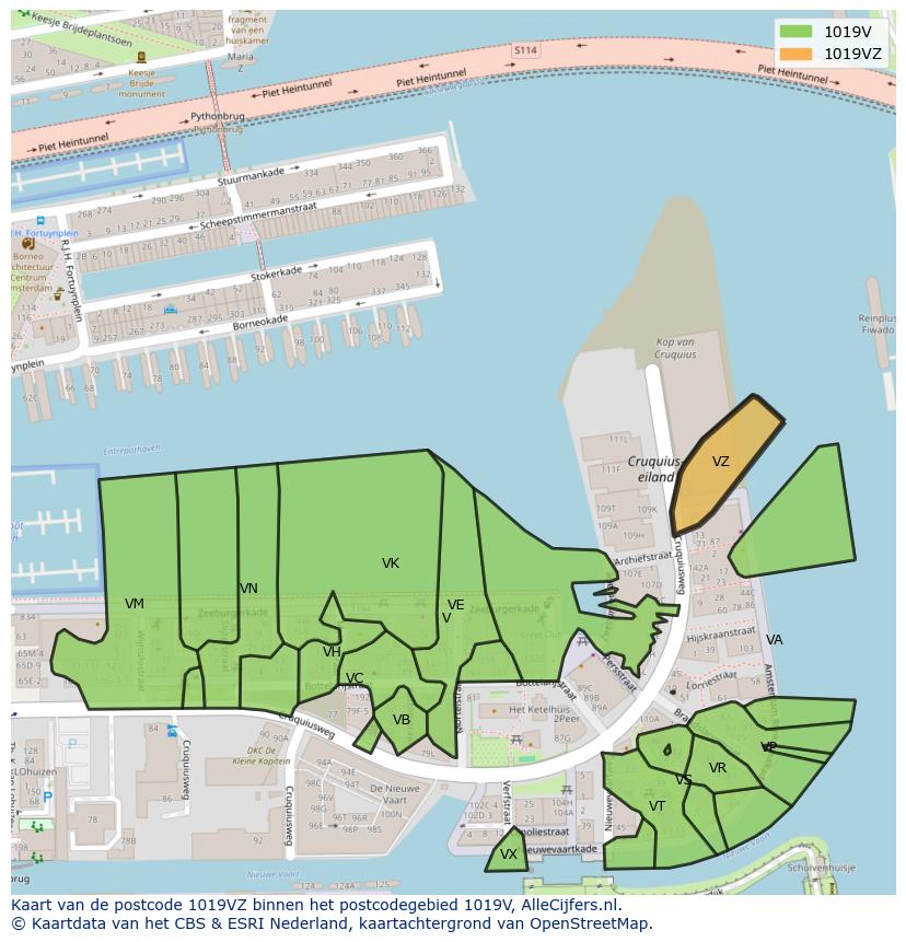Afbeelding van het postcodegebied 1019 VZ op de kaart.