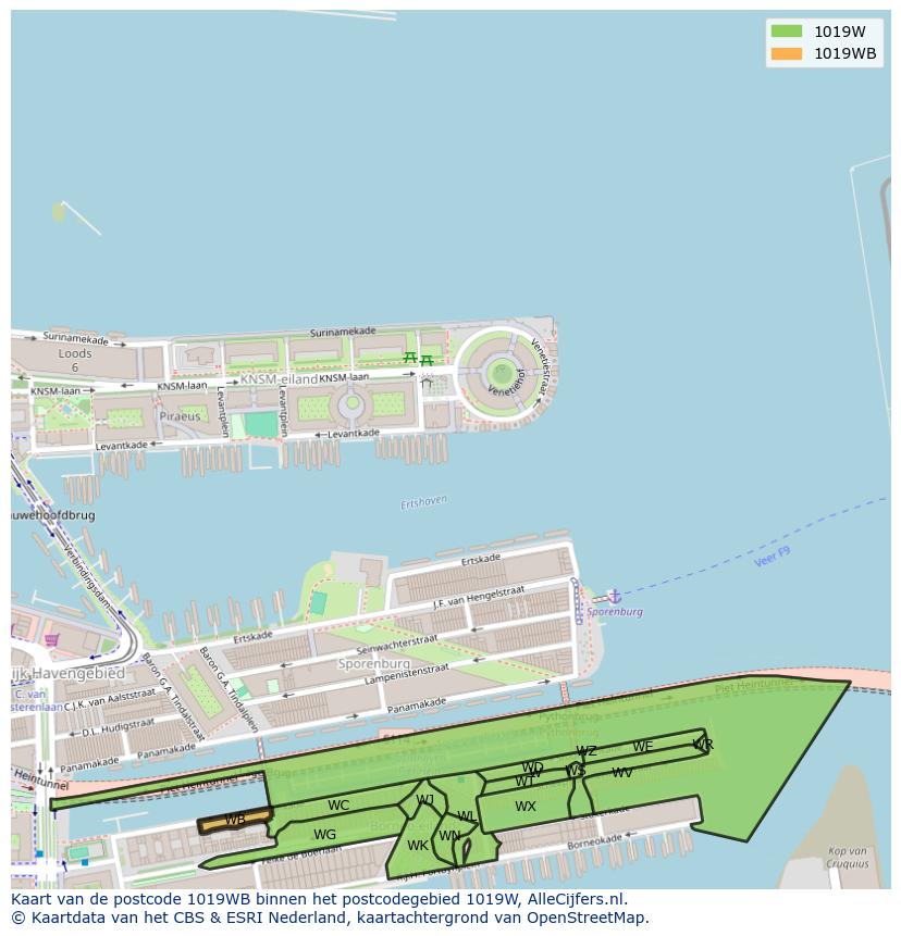 Afbeelding van het postcodegebied 1019 WB op de kaart.