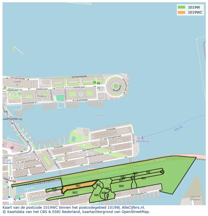 Afbeelding van het postcodegebied 1019 WC op de kaart.