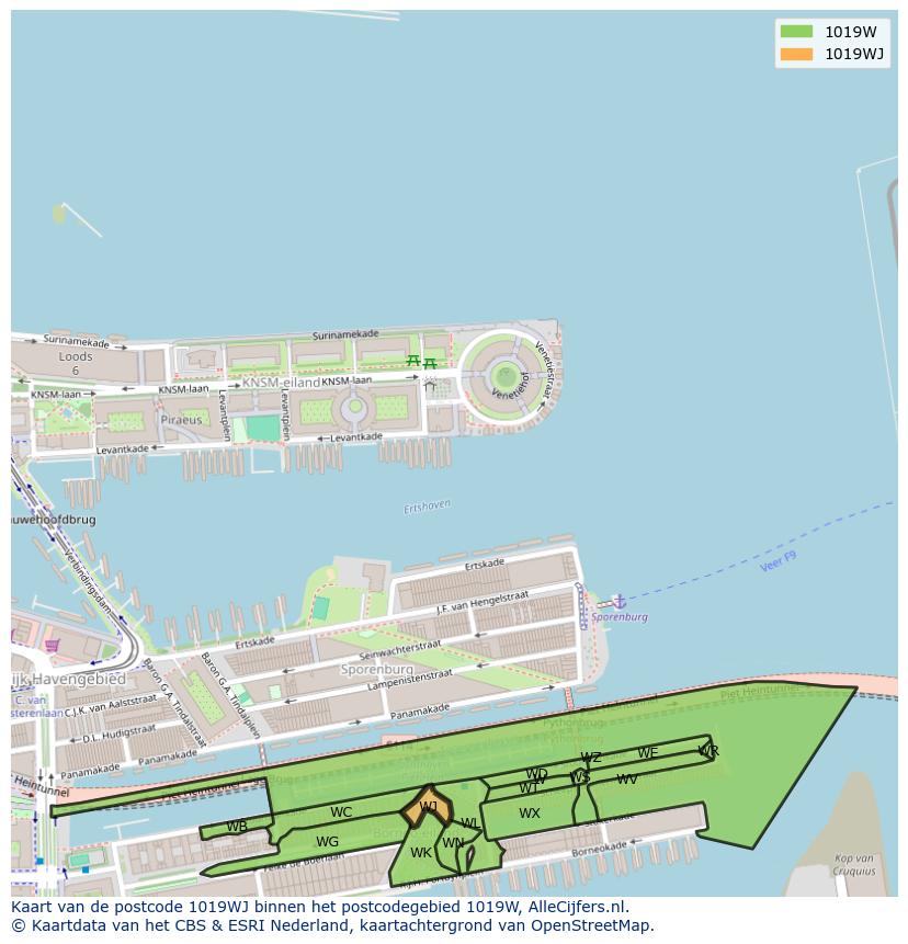 Afbeelding van het postcodegebied 1019 WJ op de kaart.