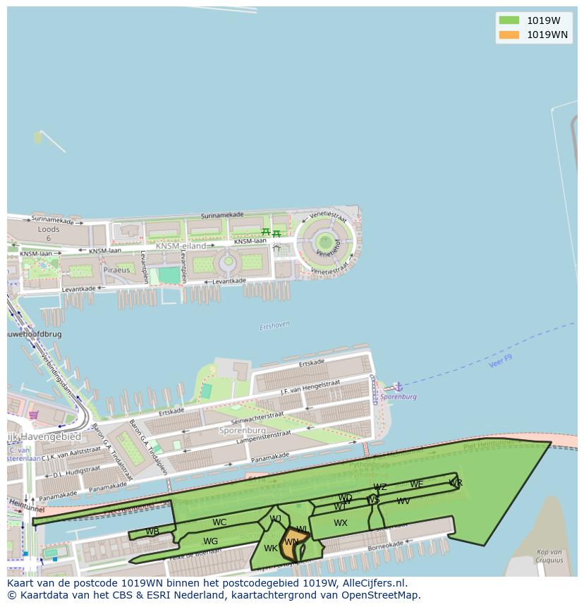 Afbeelding van het postcodegebied 1019 WN op de kaart.