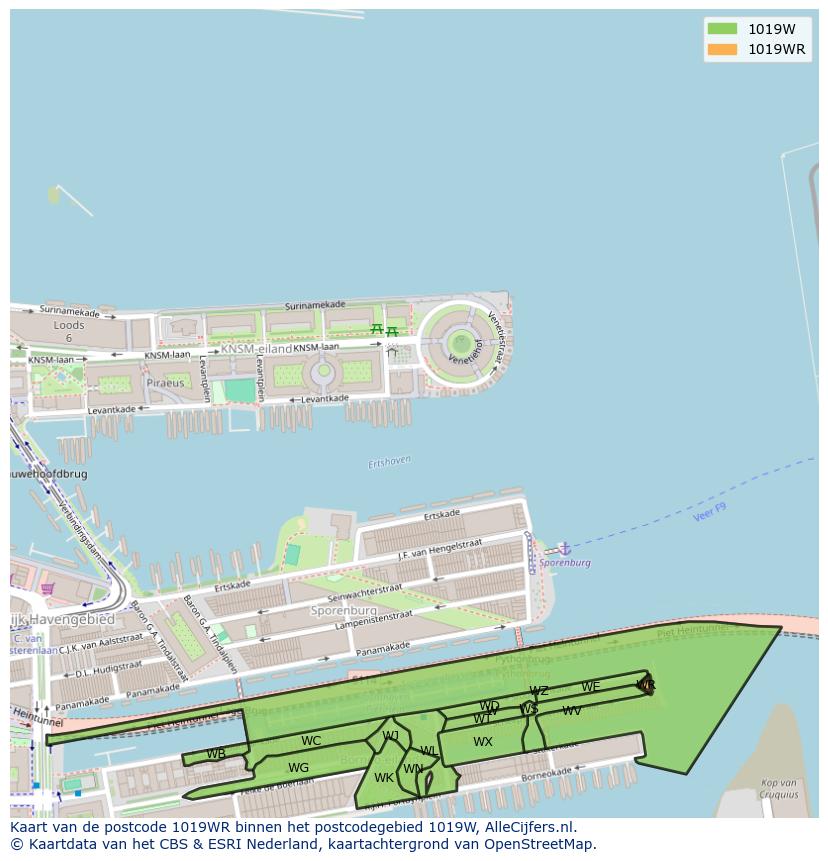 Afbeelding van het postcodegebied 1019 WR op de kaart.