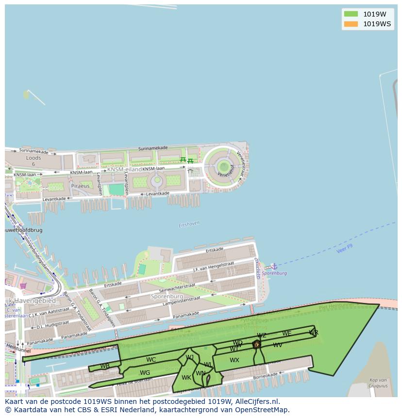 Afbeelding van het postcodegebied 1019 WS op de kaart.