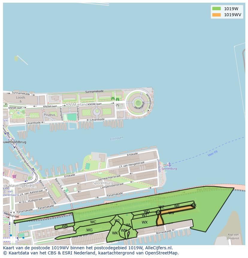 Afbeelding van het postcodegebied 1019 WV op de kaart.