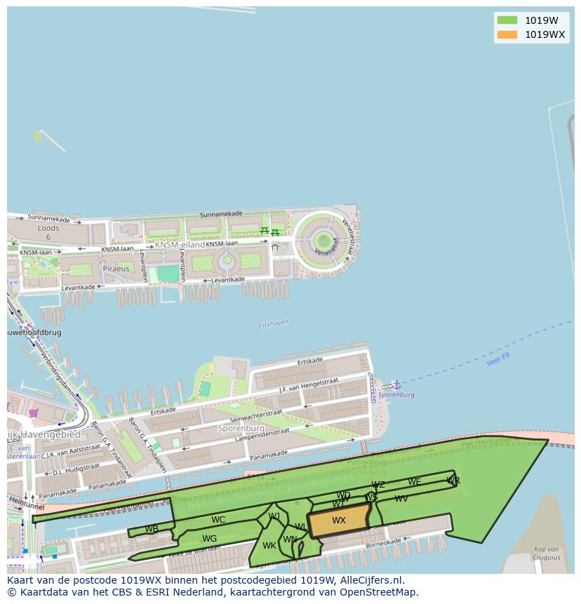 Afbeelding van het postcodegebied 1019 WX op de kaart.