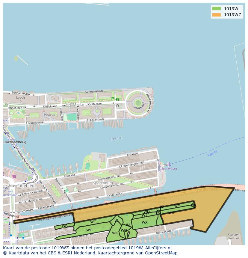 Afbeelding van het postcodegebied 1019 WZ op de kaart.