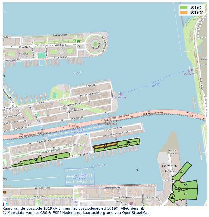 Afbeelding van het postcodegebied 1019 XA op de kaart.
