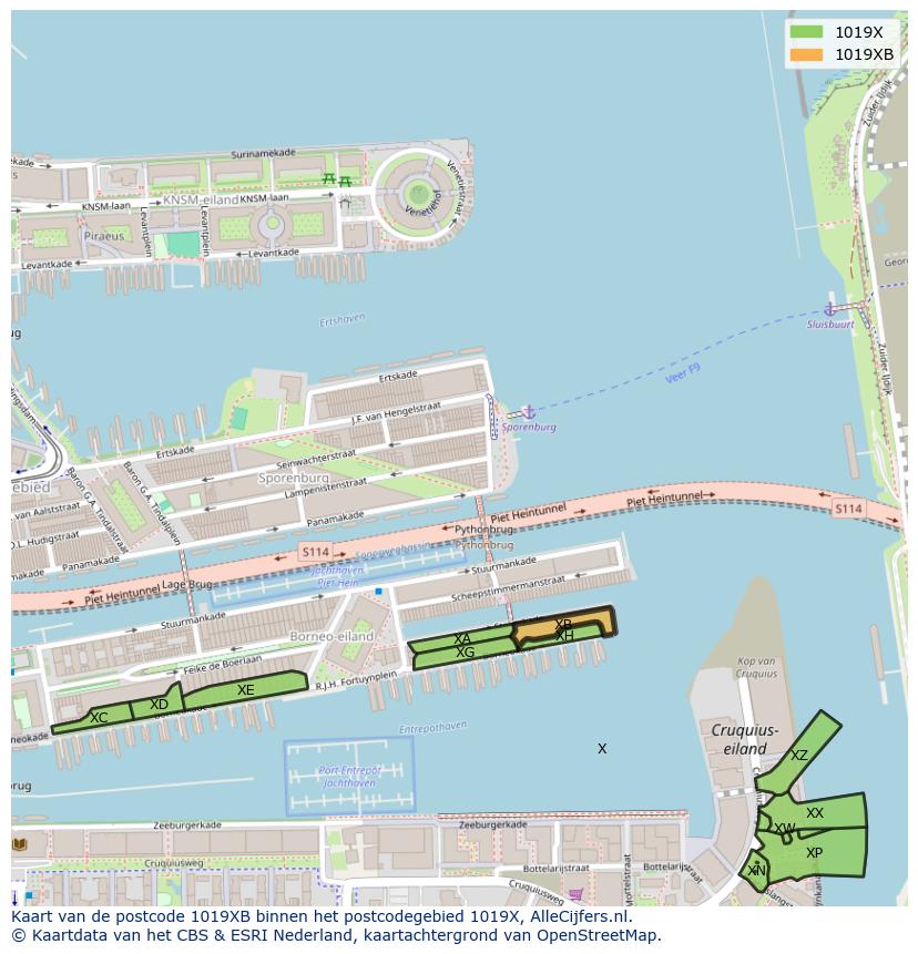 Afbeelding van het postcodegebied 1019 XB op de kaart.