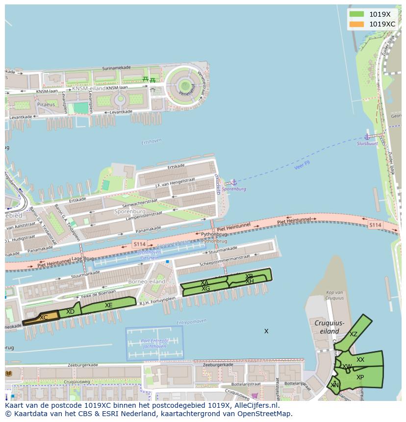Afbeelding van het postcodegebied 1019 XC op de kaart.