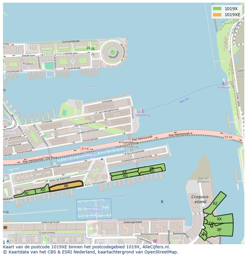 Afbeelding van het postcodegebied 1019 XE op de kaart.