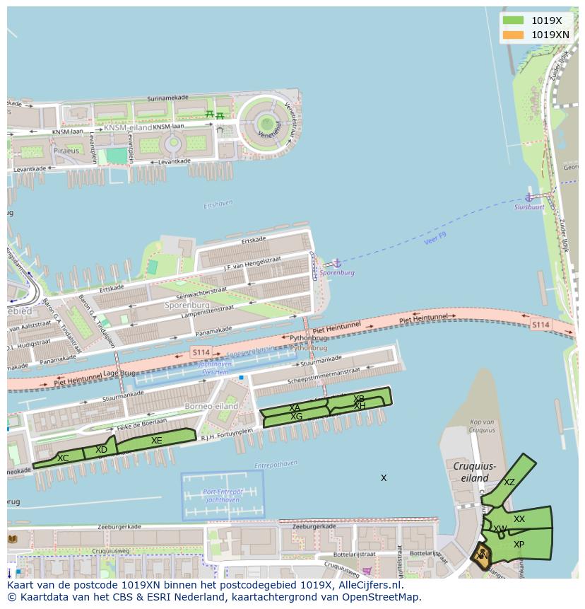 Afbeelding van het postcodegebied 1019 XN op de kaart.