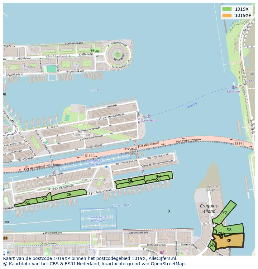Afbeelding van het postcodegebied 1019 XP op de kaart.