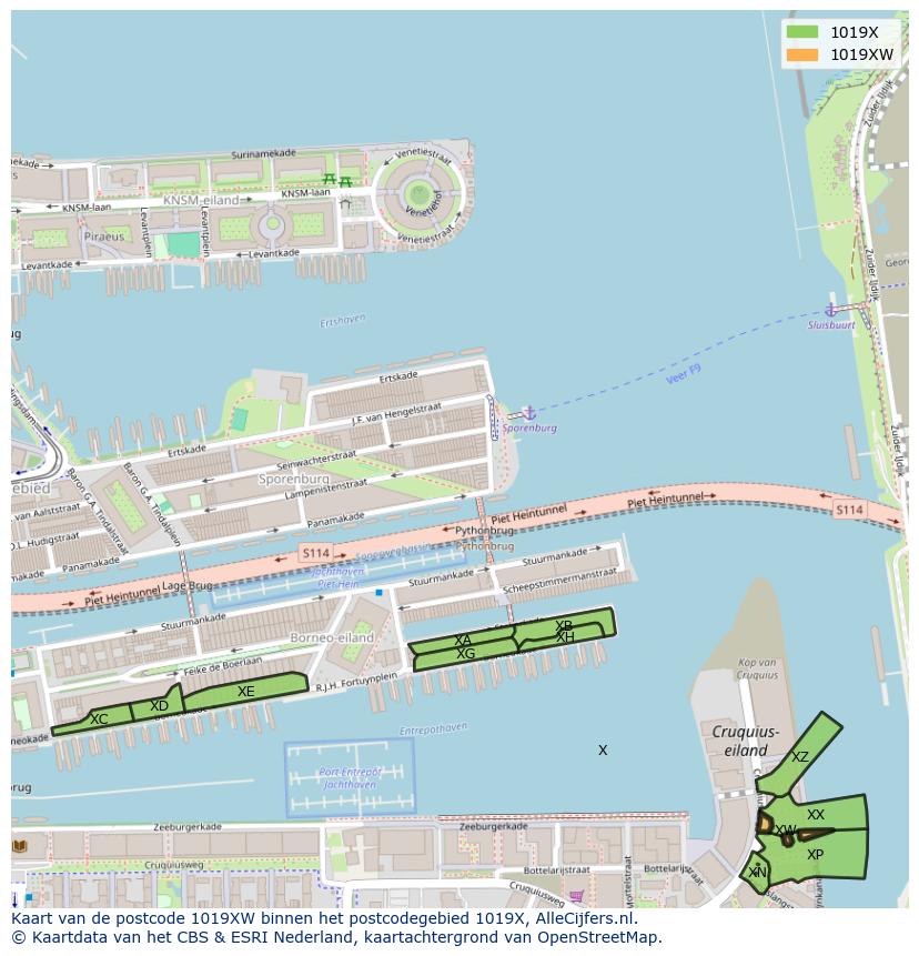 Afbeelding van het postcodegebied 1019 XW op de kaart.