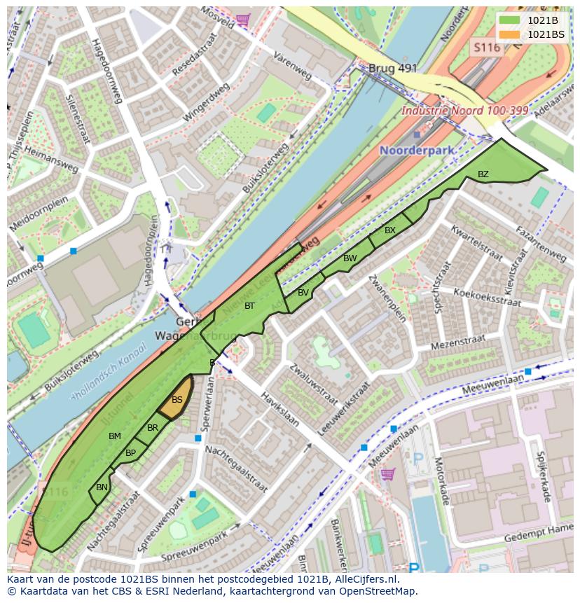 Afbeelding van het postcodegebied 1021 BS op de kaart.