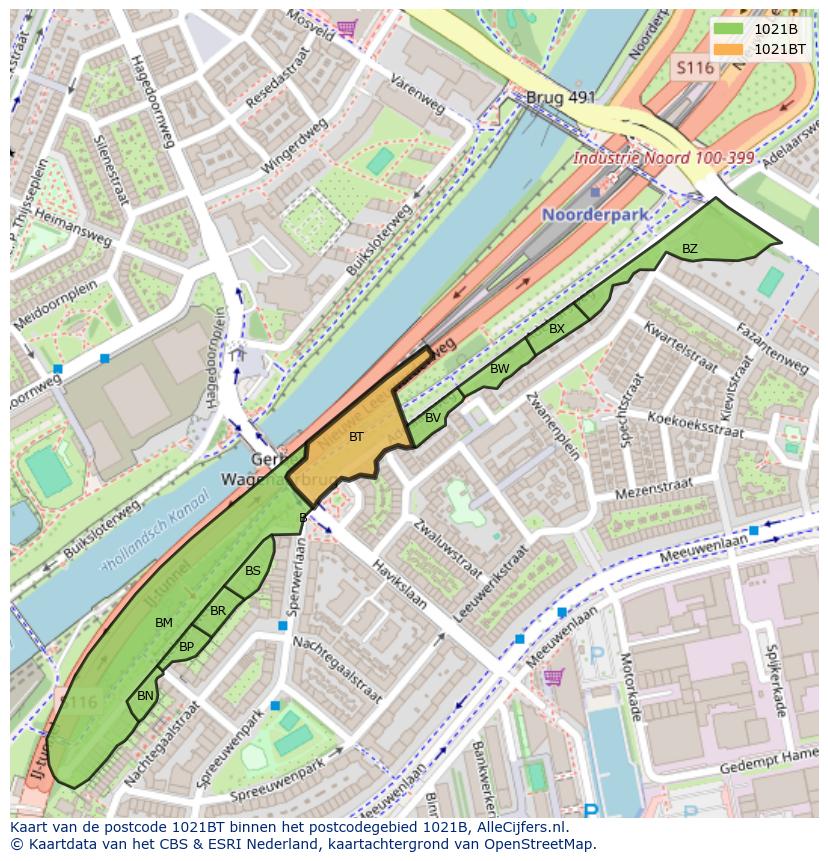 Afbeelding van het postcodegebied 1021 BT op de kaart.