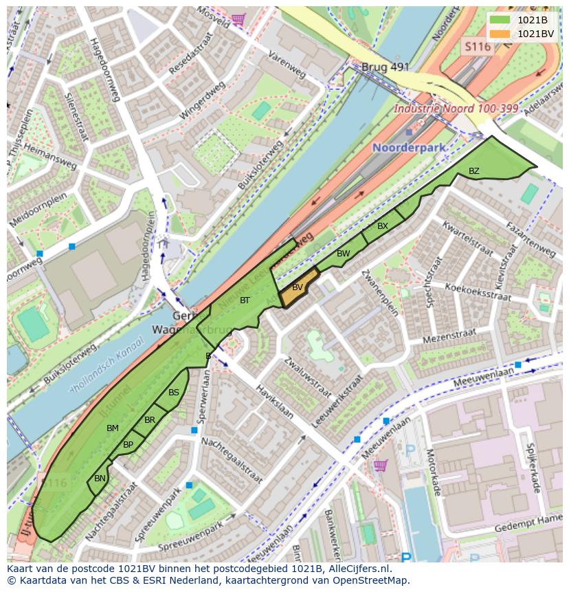 Afbeelding van het postcodegebied 1021 BV op de kaart.