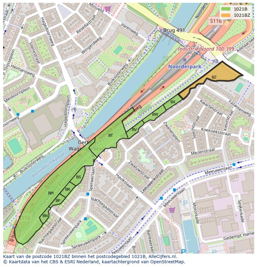 Afbeelding van het postcodegebied 1021 BZ op de kaart.