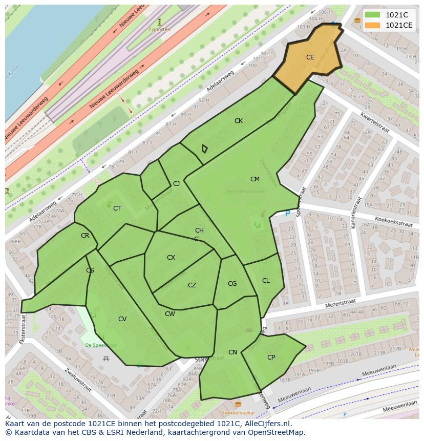 Afbeelding van het postcodegebied 1021 CE op de kaart.
