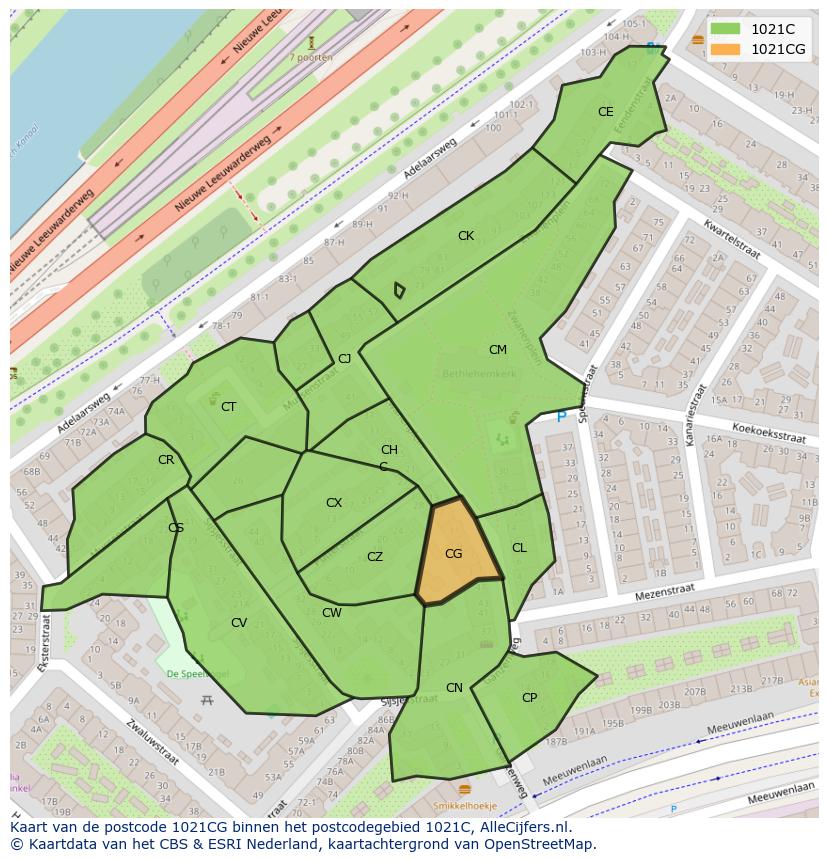 Afbeelding van het postcodegebied 1021 CG op de kaart.