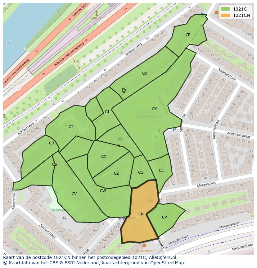 Afbeelding van het postcodegebied 1021 CN op de kaart.