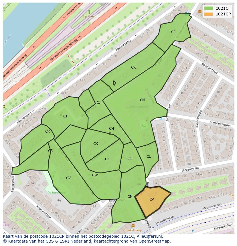 Afbeelding van het postcodegebied 1021 CP op de kaart.