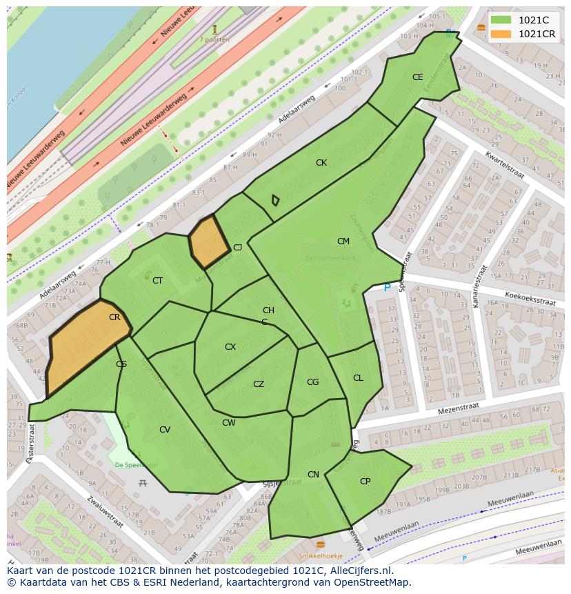 Afbeelding van het postcodegebied 1021 CR op de kaart.