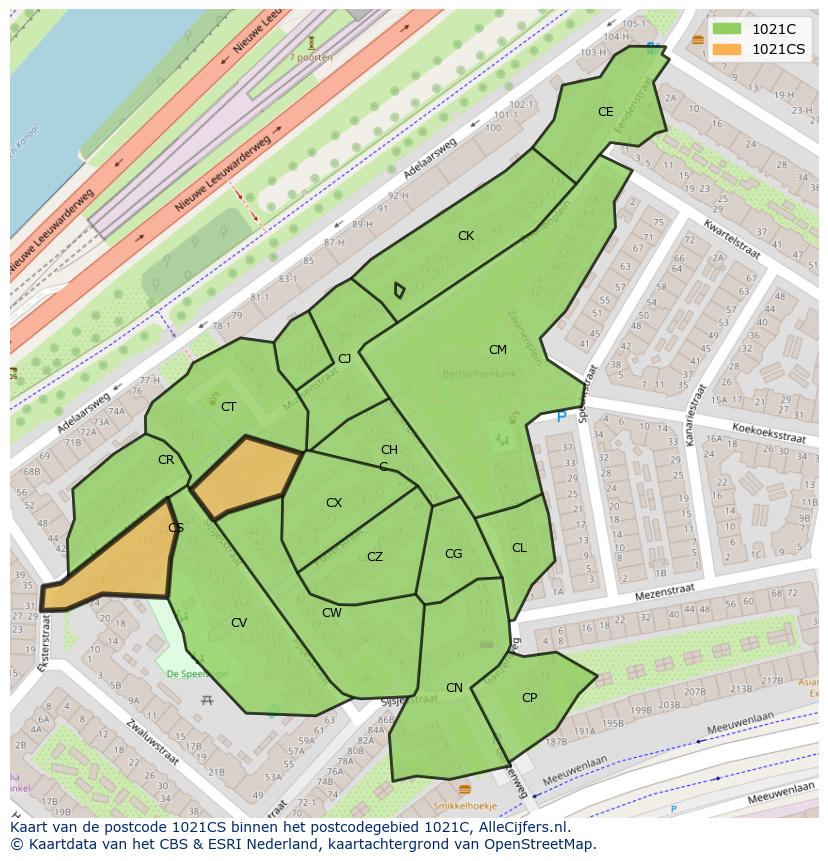 Afbeelding van het postcodegebied 1021 CS op de kaart.