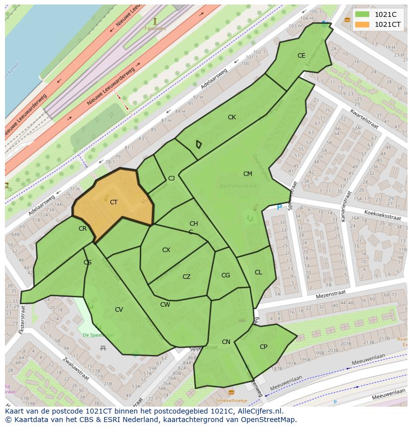 Afbeelding van het postcodegebied 1021 CT op de kaart.