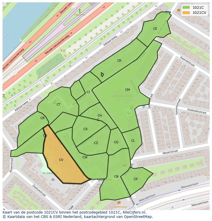 Afbeelding van het postcodegebied 1021 CV op de kaart.