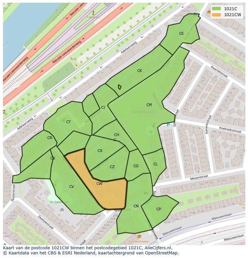 Afbeelding van het postcodegebied 1021 CW op de kaart.