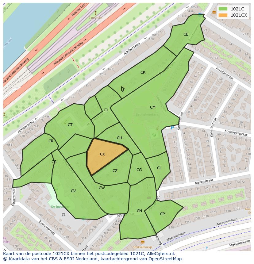 Afbeelding van het postcodegebied 1021 CX op de kaart.