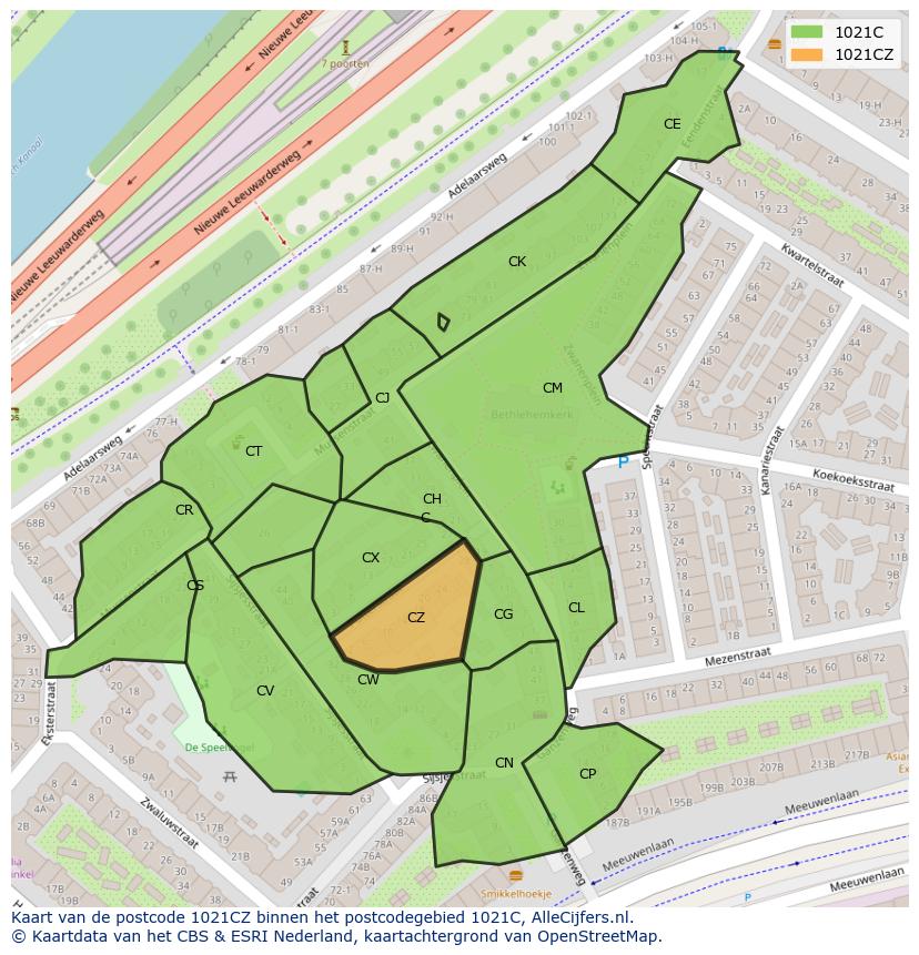 Afbeelding van het postcodegebied 1021 CZ op de kaart.