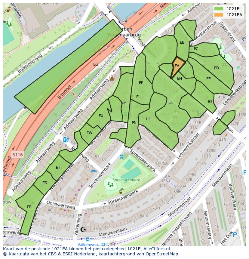 Afbeelding van het postcodegebied 1021 EA op de kaart.